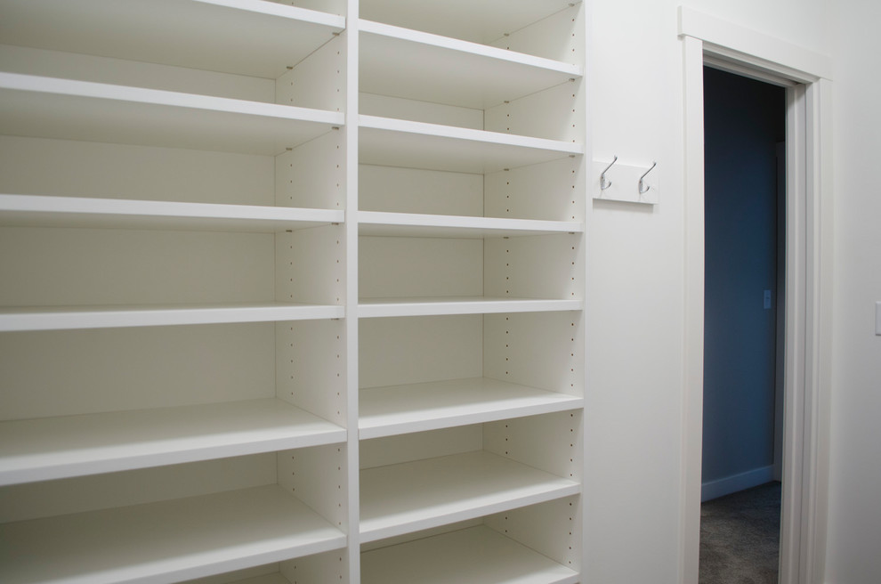 Idéer för att renovera ett stort funkis walk-in-closet för könsneutrala, med öppna hyllor, vita skåp, heltäckningsmatta och brunt golv