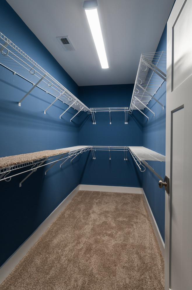 Modern inredning av ett litet walk-in-closet för könsneutrala, med heltäckningsmatta och beiget golv