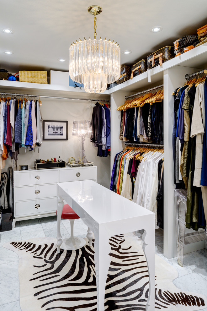 Walk-in closet - contemporary women's marble floor walk-in closet idea in Seattle with open cabinets and white cabinets