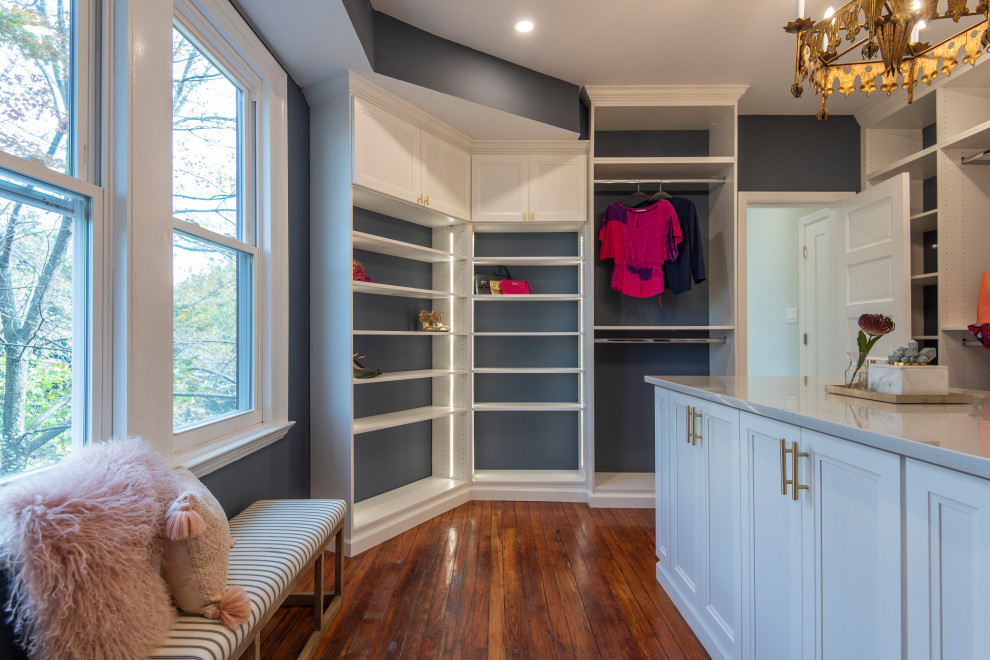 Dressing room - large transitional gender-neutral vinyl floor dressing room idea in Philadelphia with shaker cabinets and white cabinets