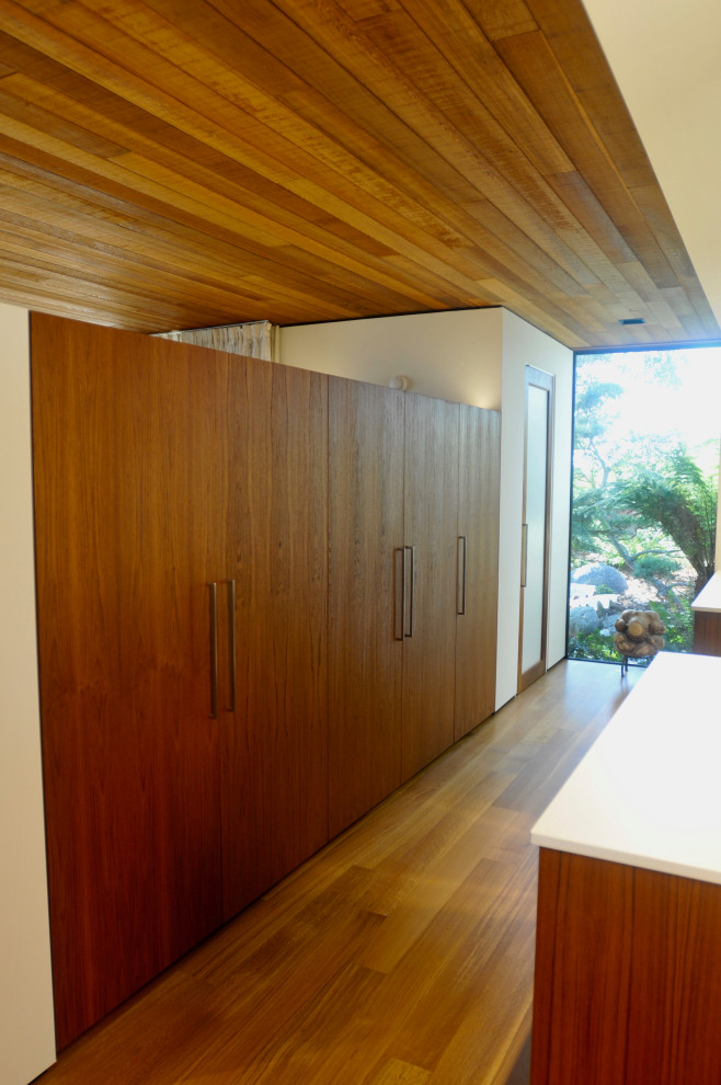 Diseño de vestidor minimalista con armarios con paneles lisos, puertas de armario de madera oscura, suelo de madera en tonos medios y madera