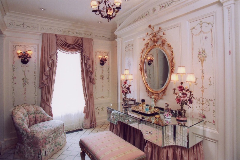 Photo of a large victorian dressing room for women in Philadelphia with white cabinets, carpet and beige floors.