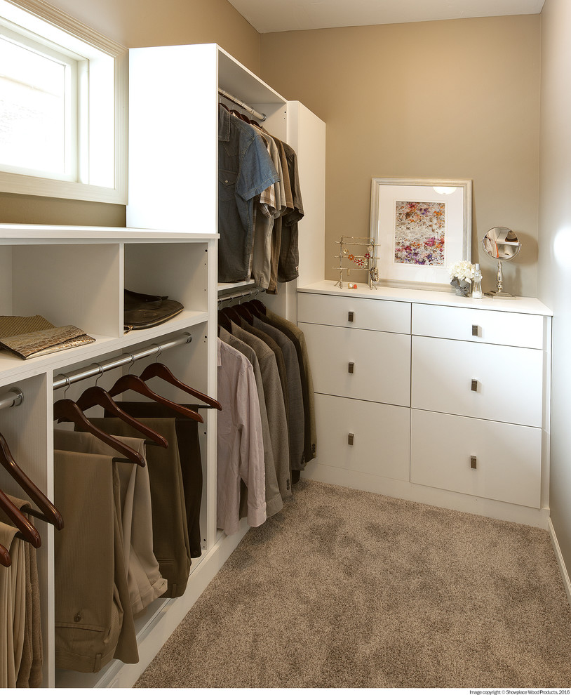 Пример оригинального дизайна: гардеробная комната среднего размера, унисекс в стиле неоклассика (современная классика) с плоскими фасадами, белыми фасадами, ковровым покрытием и коричневым полом