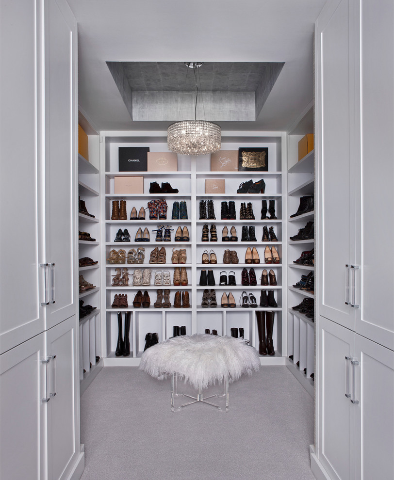 Example of a large transitional women's carpeted and gray floor dressing room design in Detroit with open cabinets and white cabinets