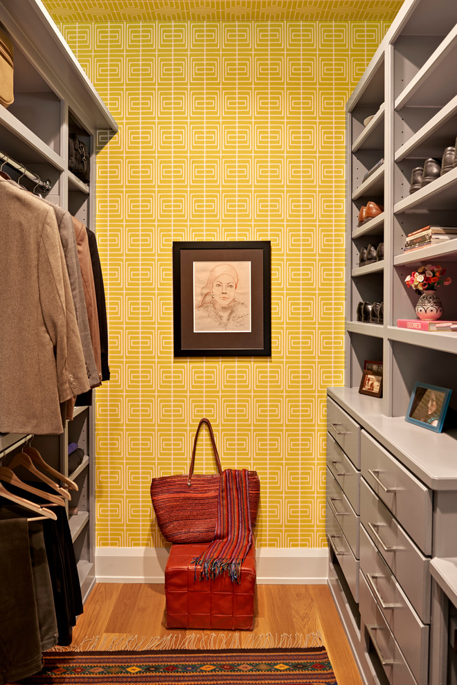Inspiration för moderna walk-in-closets, med släta luckor, grå skåp, mellanmörkt trägolv och brunt golv