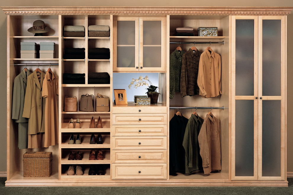 Design ideas for a medium sized gender neutral standard wardrobe in Philadelphia with raised-panel cabinets, white cabinets, carpet and brown floors.