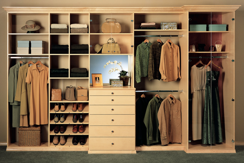 Пример оригинального дизайна: шкаф в нише среднего размера с плоскими фасадами, светлыми деревянными фасадами, ковровым покрытием и серым полом