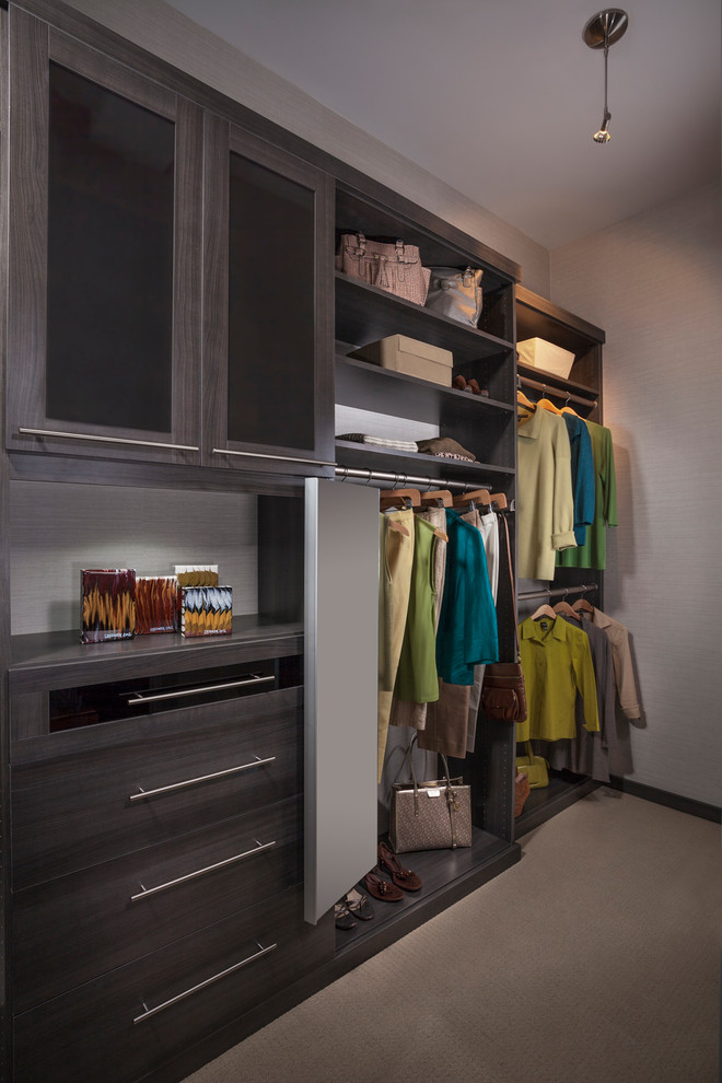 Diseño de armario de tamaño medio con armarios con paneles lisos, puertas de armario grises, moqueta y suelo marrón
