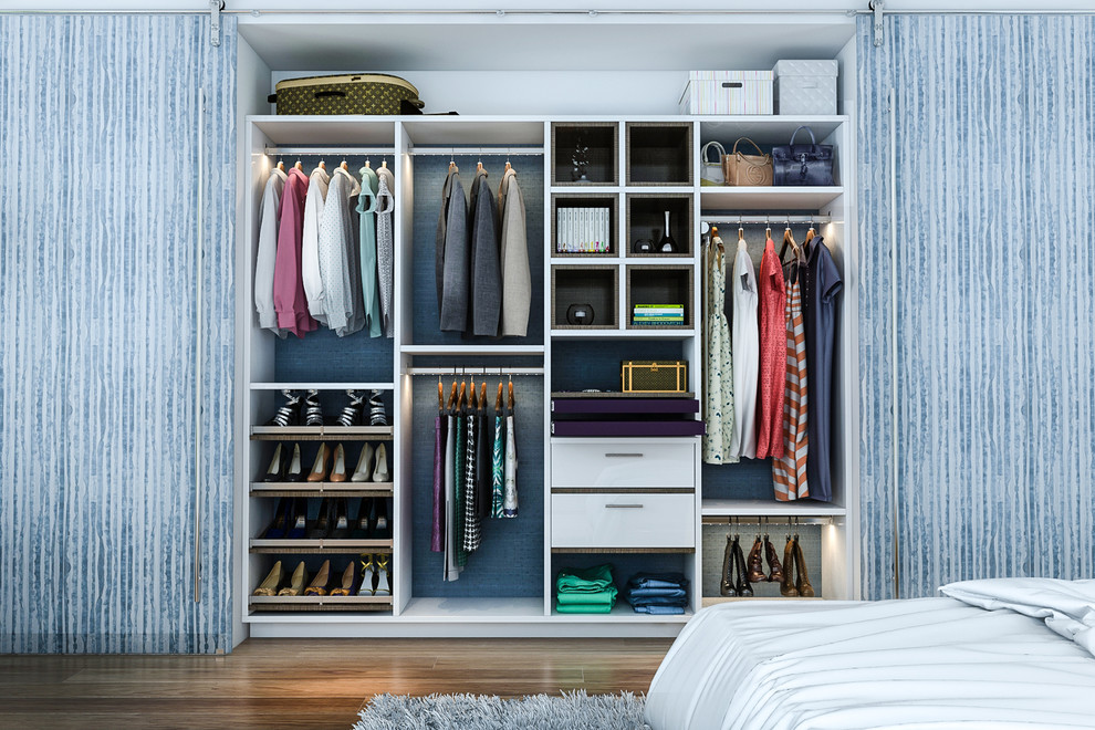 Diseño de armario pequeño con armarios con paneles lisos, puertas de armario blancas, suelo de madera en tonos medios y suelo marrón