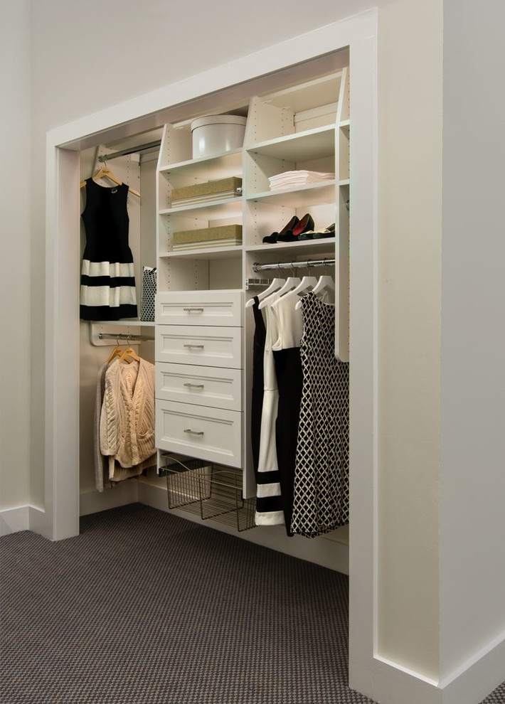 Modelo de armario unisex tradicional de tamaño medio con armarios con paneles empotrados, puertas de armario blancas y moqueta
