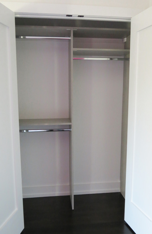 Immagine di un piccolo armadio o armadio a muro unisex minimalista con ante lisce, ante grigie, parquet scuro e pavimento marrone