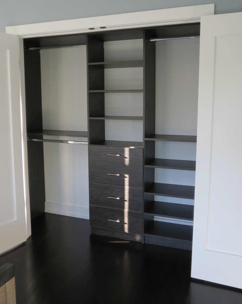 Imagen de armario unisex minimalista pequeño con armarios con paneles lisos, puertas de armario grises, suelo de madera oscura y suelo marrón
