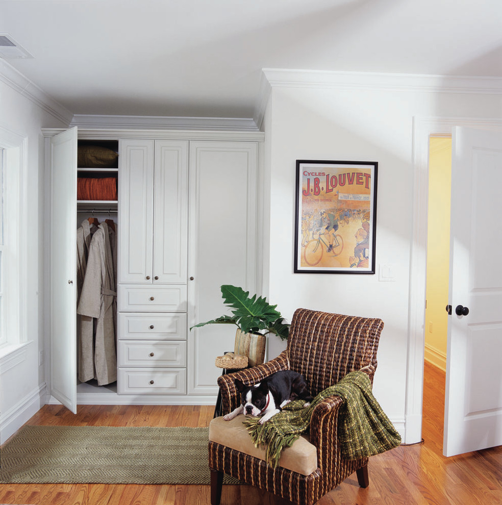 Foto de armario unisex contemporáneo de tamaño medio con armarios con paneles empotrados, puertas de armario blancas y suelo de madera en tonos medios