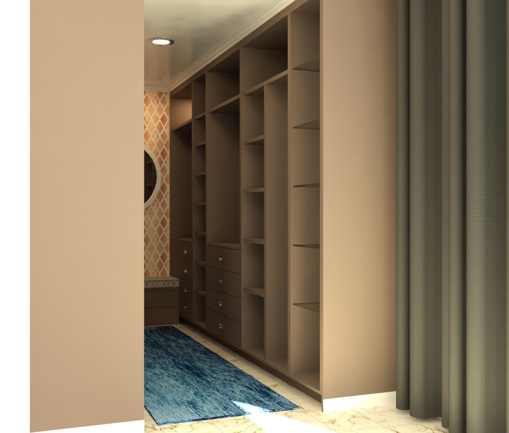 Esempio di una cabina armadio unisex contemporanea di medie dimensioni con nessun'anta, ante beige, pavimento con piastrelle in ceramica e pavimento bianco