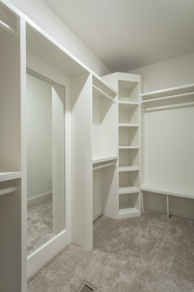 Idéer för mellanstora amerikanska walk-in-closets för könsneutrala, med heltäckningsmatta och beiget golv