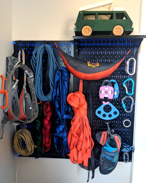 Rock Climbing Gear Mountaineering Storage Room with Wall Control Pegboard -  Rustic - Wardrobe - by Wall Control