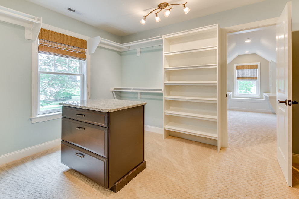 Inspiration for a mid-sized timeless gender-neutral carpeted walk-in closet remodel in Baltimore with open cabinets and white cabinets