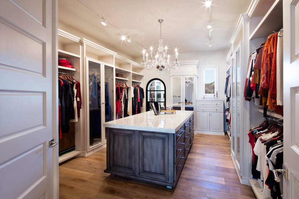 Ejemplo de armario vestidor de mujer clásico renovado grande con armarios con paneles con relieve, puertas de armario de madera oscura y suelo de madera en tonos medios