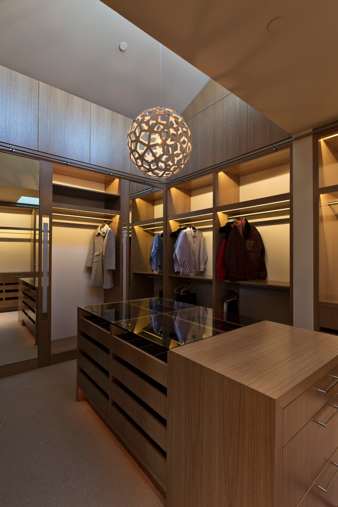 Ejemplo de armario vestidor unisex contemporáneo de tamaño medio con armarios con paneles lisos, puertas de armario de madera oscura y moqueta