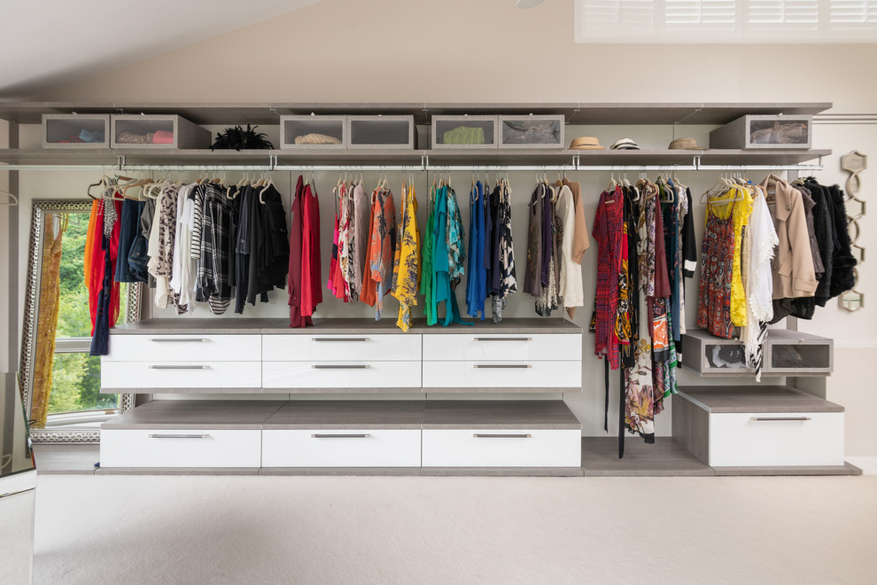 Immagine di un ampio spazio per vestirsi unisex moderno con moquette, pavimento beige, nessun'anta e ante in legno chiaro
