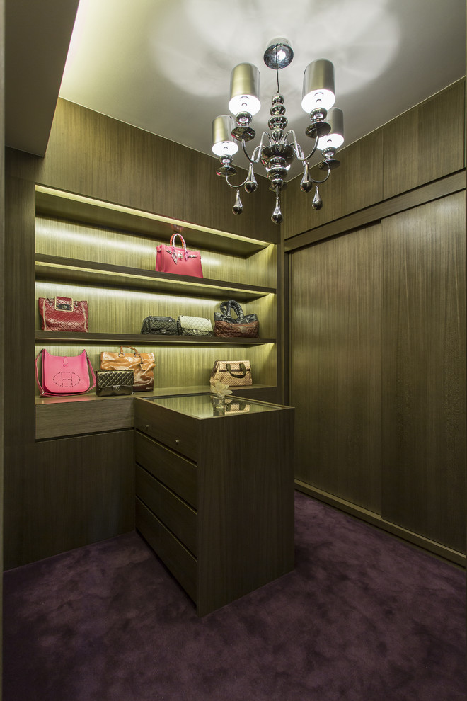 Modernes Ankleidezimmer mit Ankleidebereich, flächenbündigen Schrankfronten, dunklen Holzschränken und Teppichboden in Hongkong