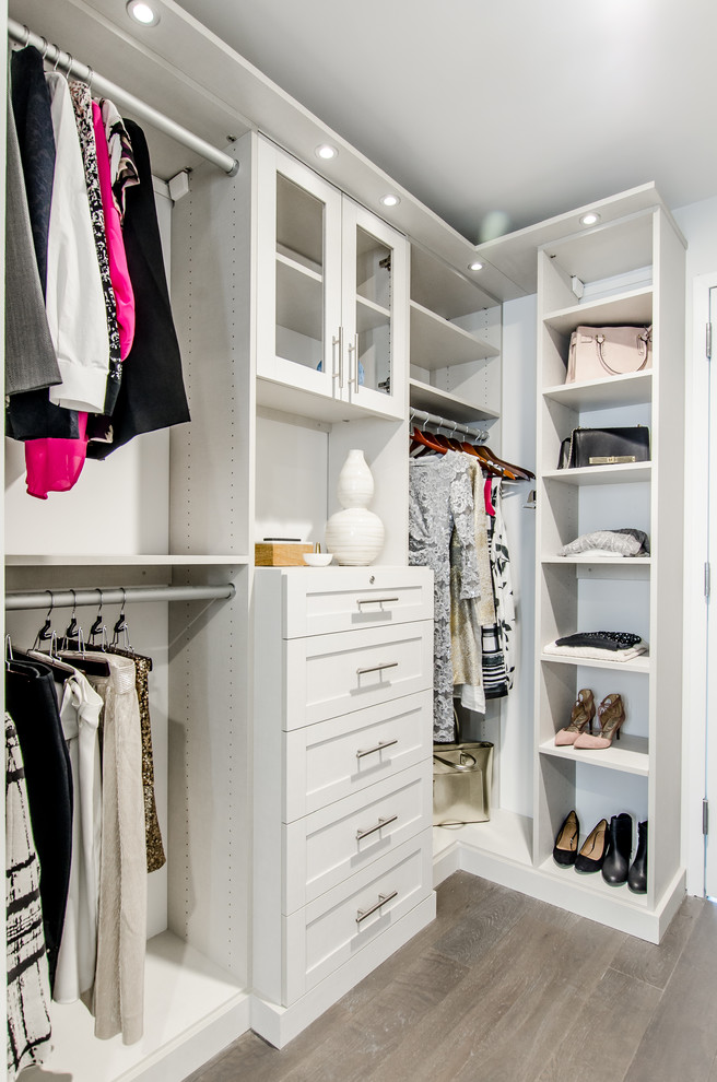 Inspiration for a large modern gender-neutral medium tone wood floor walk-in closet remodel in New York with white cabinets