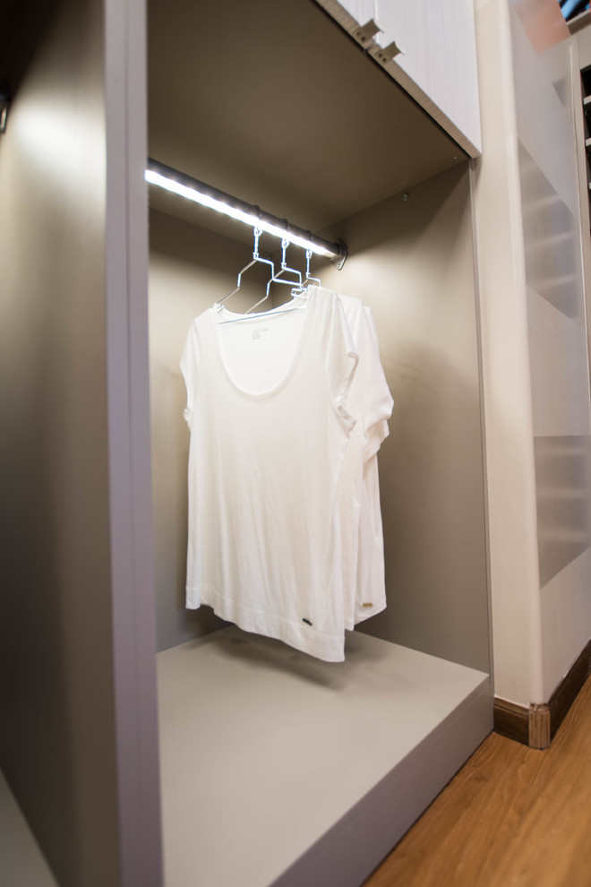 Ejemplo de armario vestidor unisex contemporáneo grande con armarios con paneles lisos y suelo de madera en tonos medios
