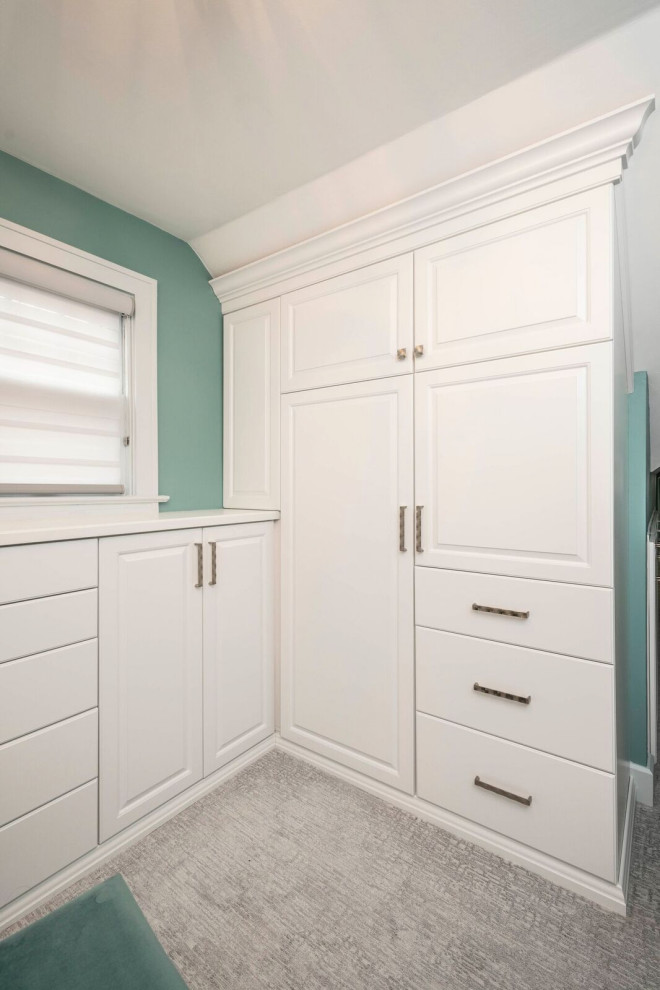 Small transitional gender-neutral carpeted and gray floor dressing room photo in Indianapolis with white cabinets