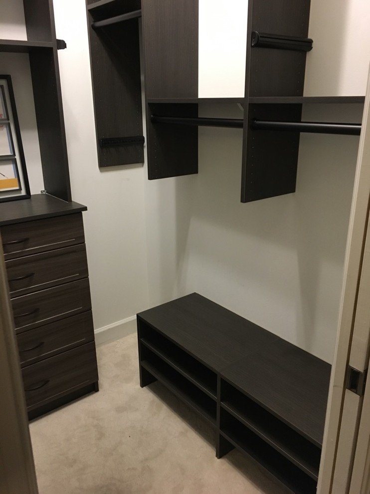 Small trendy men's carpeted and beige floor walk-in closet photo in Other with raised-panel cabinets and dark wood cabinets