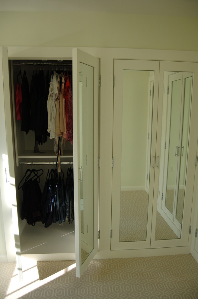Example of a large classic carpeted dressing room design in DC Metro with flat-panel cabinets