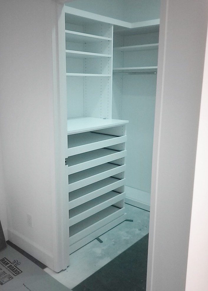 Walk-in closet - small women's walk-in closet idea in Los Angeles with flat-panel cabinets