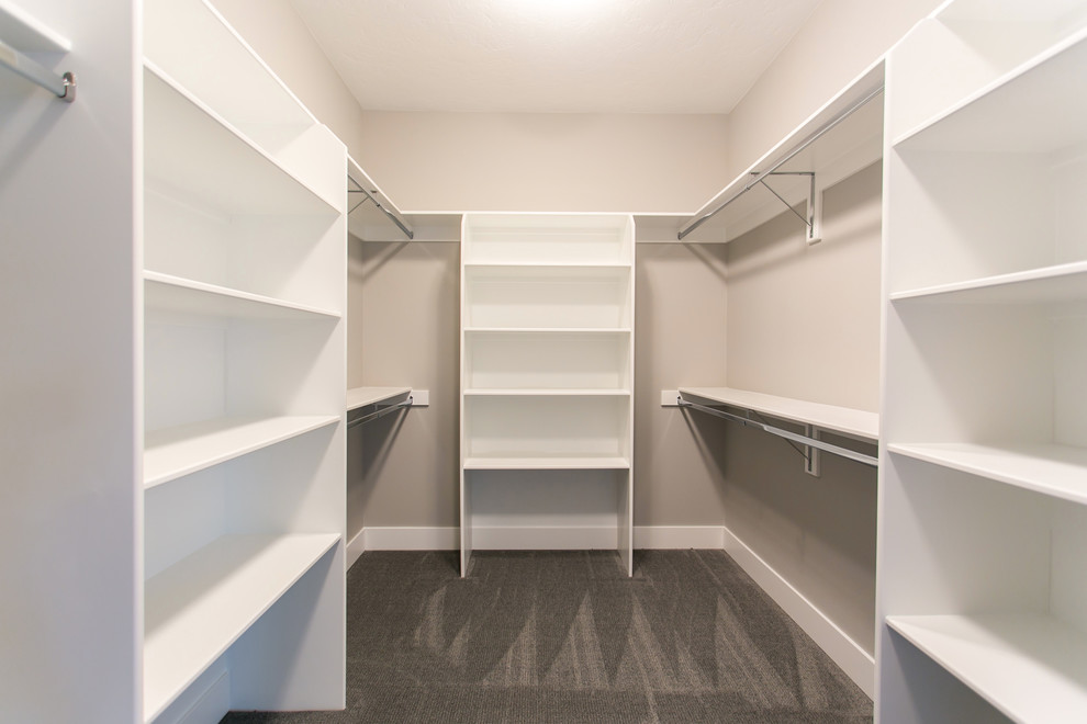 Mid-sized transitional gender-neutral carpeted and gray floor walk-in closet photo in Seattle with open cabinets and white cabinets