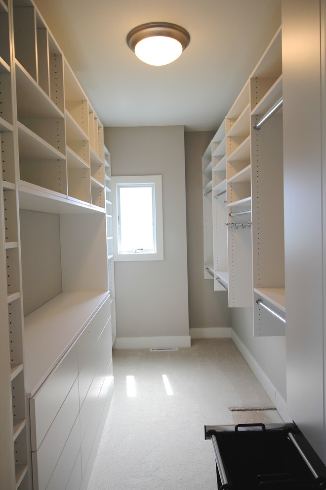 This is an example of a medium sized gender neutral walk-in wardrobe in Other with white cabinets and carpet.
