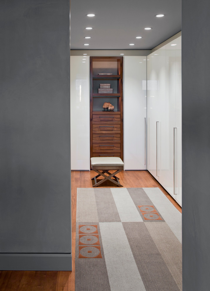Inspiration for a contemporary walk-in wardrobe in Phoenix with white cabinets.
