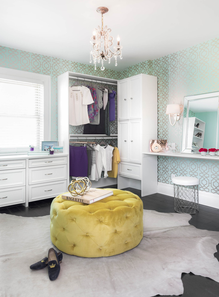Design ideas for a large classic dressing room for women in Toronto with white cabinets, dark hardwood flooring and recessed-panel cabinets.