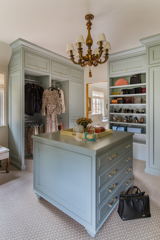 Example of a large classic women's carpeted dressing room design in Portland with beaded inset cabinets and gray cabinets