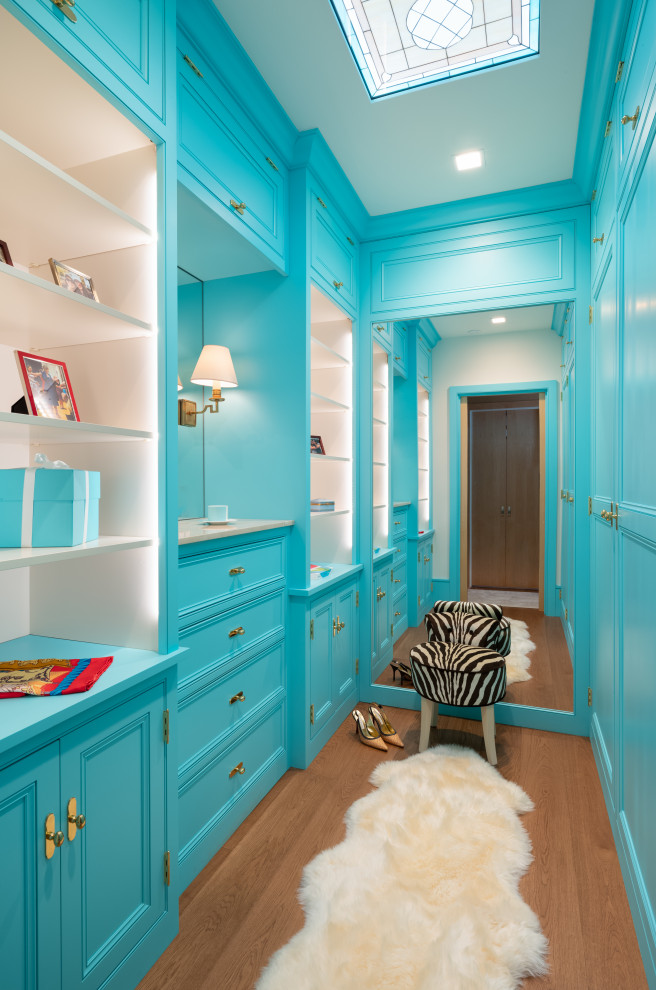 Свежая идея для дизайна: гардеробная комната в стиле неоклассика (современная классика) с фасадами с декоративным кантом, синими фасадами, паркетным полом среднего тона и коричневым полом для женщин - отличное фото интерьера