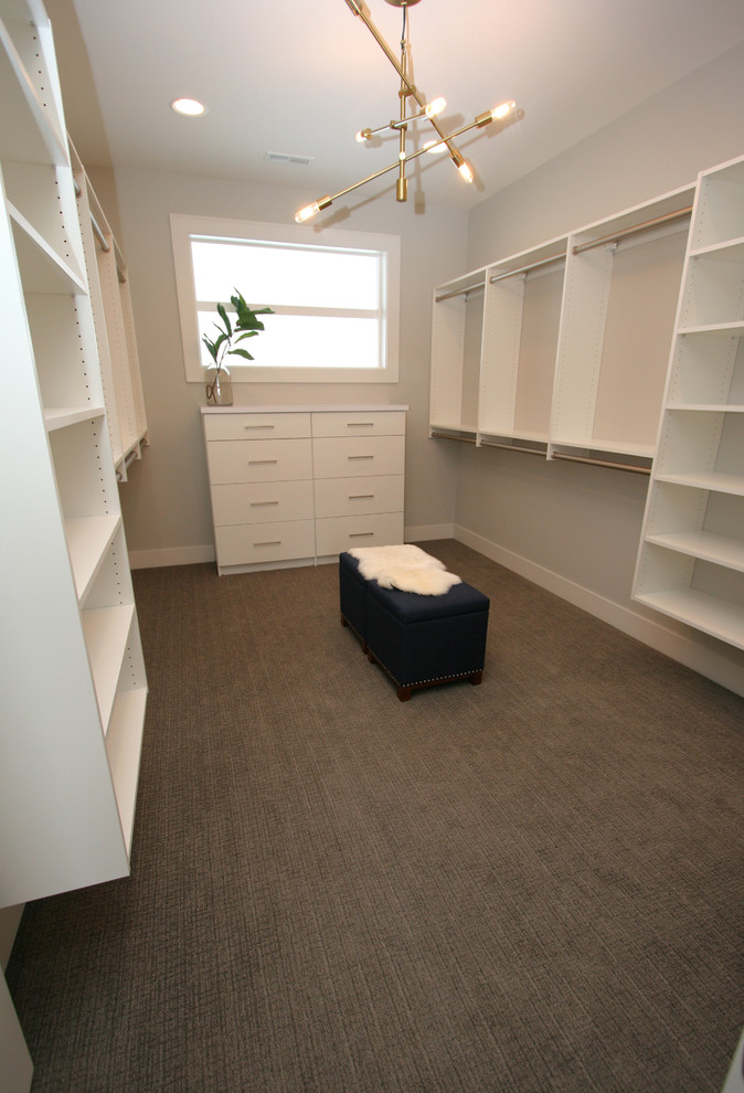 Идея дизайна: гардеробная комната среднего размера, унисекс в современном стиле с плоскими фасадами, белыми фасадами, ковровым покрытием и серым полом