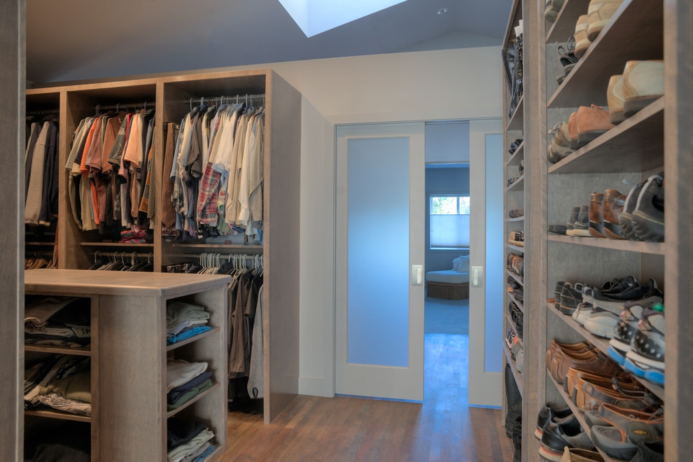 Idéer för att renovera ett stort funkis walk-in-closet för könsneutrala, med släta luckor, grå skåp, mörkt trägolv och brunt golv