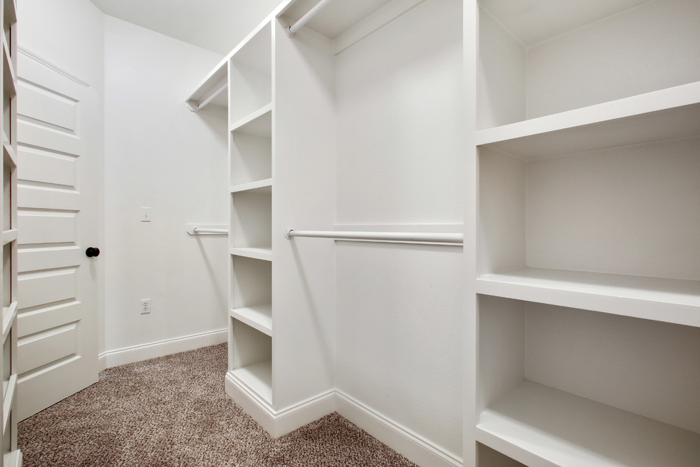 Large traditional gender neutral walk-in wardrobe in Other with carpet.