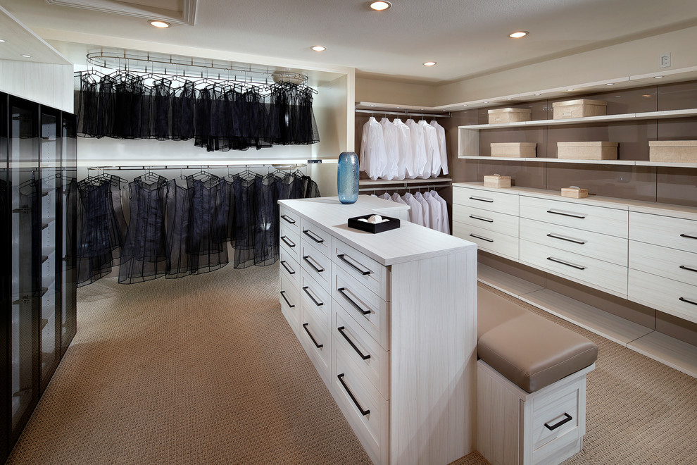 Imagen de armario vestidor unisex costero extra grande con armarios con paneles lisos, puertas de armario de madera clara y moqueta