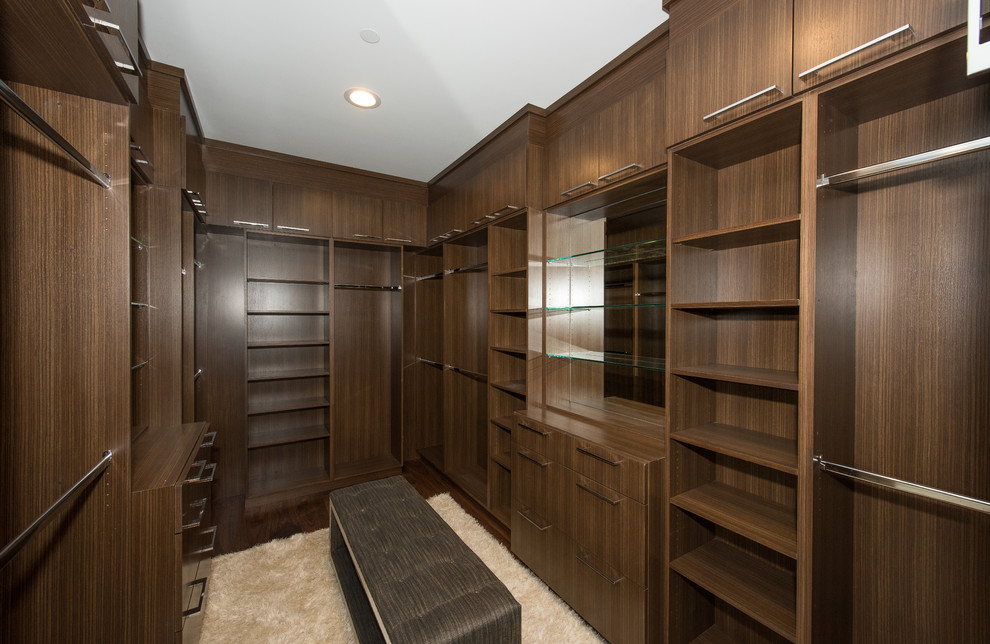 Idee per una cabina armadio unisex moderna con ante lisce, ante in legno scuro, pavimento in legno massello medio e pavimento marrone