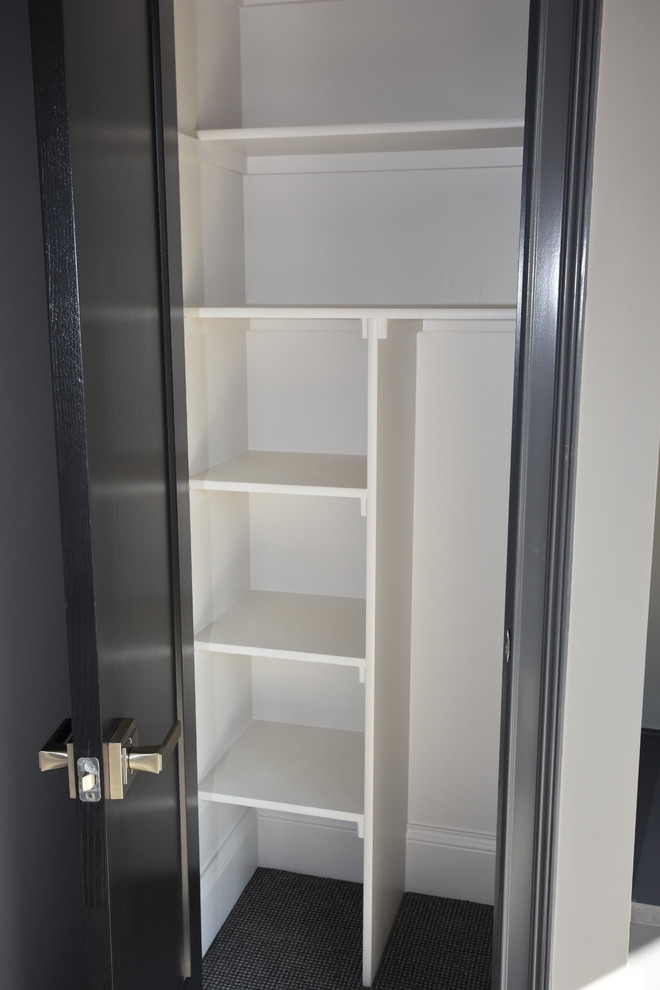 Small classic gender neutral standard wardrobe in Kansas City with open cabinets, white cabinets and carpet.