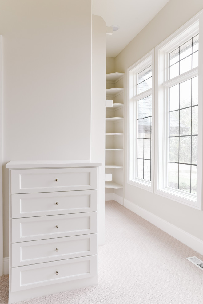 Стильный дизайн: гардеробная комната унисекс в стиле неоклассика (современная классика) с ковровым покрытием - последний тренд