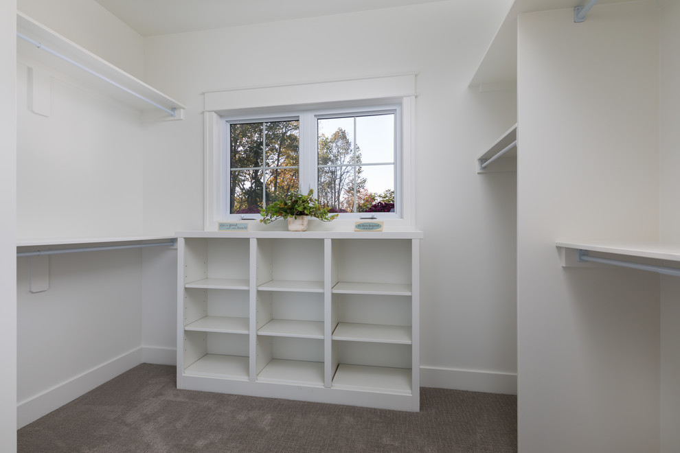 Inspiration for a coastal carpeted walk-in closet remodel in Grand Rapids