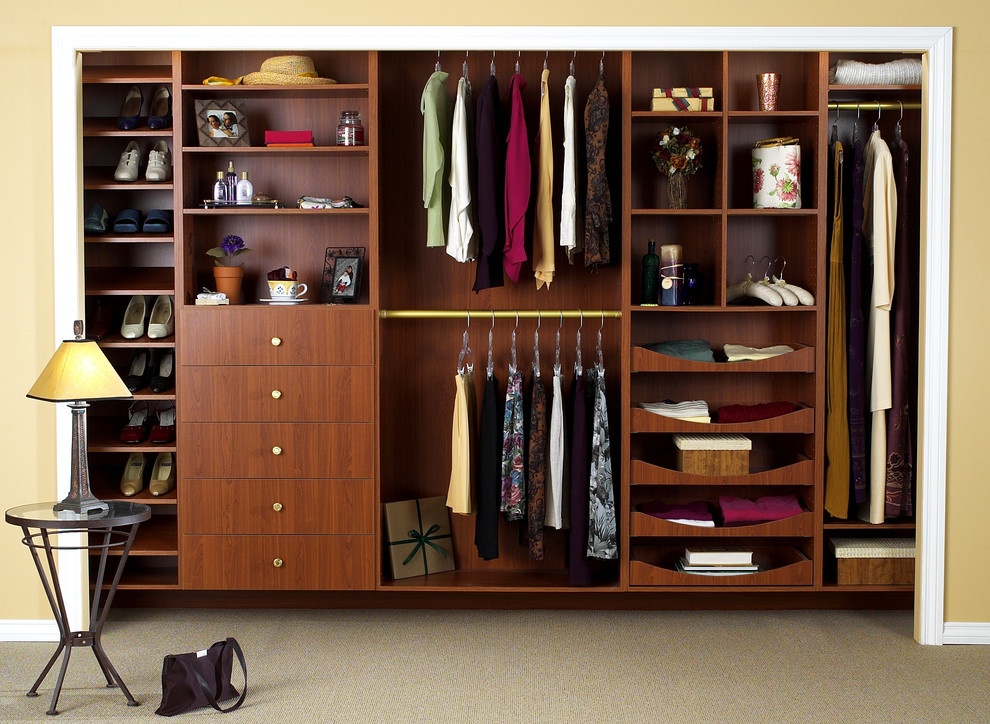 Ejemplo de armario unisex clásico pequeño con puertas de armario de madera oscura, moqueta, armarios con paneles lisos y suelo beige