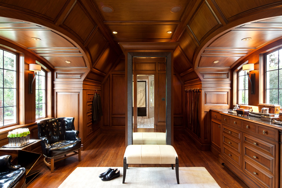 Traditional dressing room for men in San Francisco with medium wood cabinets and medium hardwood flooring.