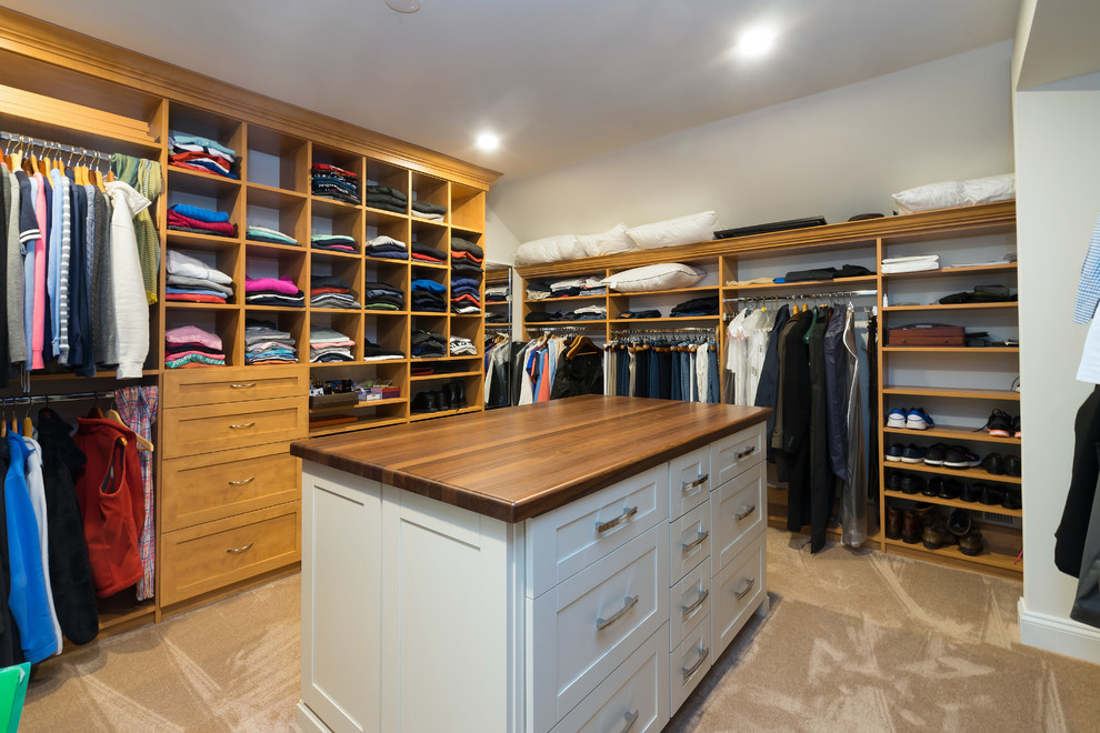 This is an example of an expansive classic gender neutral walk-in wardrobe in Other with shaker cabinets, white cabinets, carpet and brown floors.