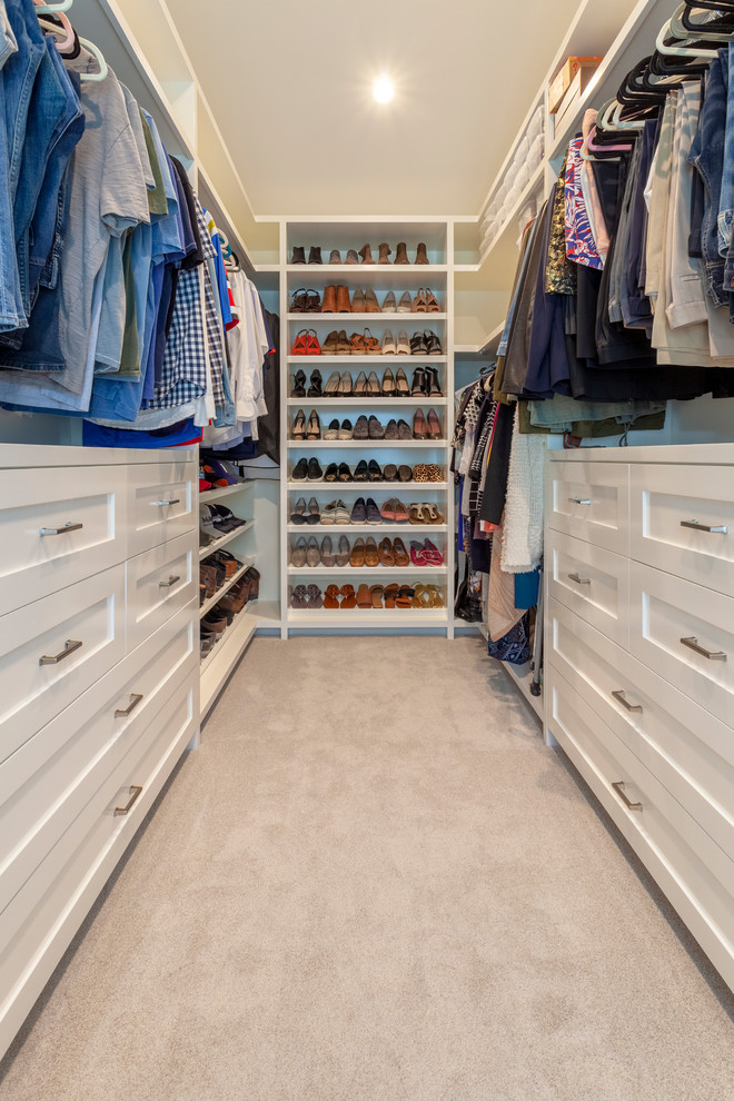Walk-in closet - large transitional carpeted and gray floor walk-in closet idea in Los Angeles with shaker cabinets and white cabinets