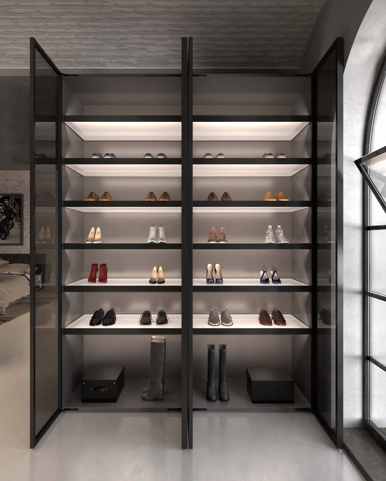 Esempio di un armadio o armadio a muro unisex minimalista di medie dimensioni con nessun'anta, pavimento in linoleum e pavimento grigio